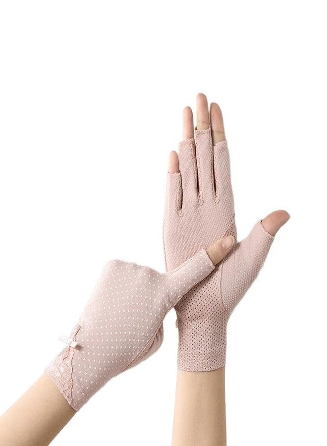 OVOY Women Pink Driving Ice-Silk Gloves Sun-UV-Protection Fingerless Gloves for Summer Hiking Cycling Running SPF Lace Glove - Image 1